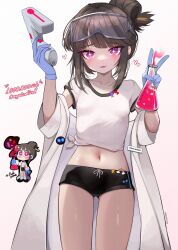 Rule 34 | + +, black shorts, blue gloves, blush, borrowed character, breasts, bright pupils, coat, commentary, congratulations, cowboy shot, english commentary, erlenmeyer flask, flask, flower, gloves, goggles, goggles on head, gradient background, gun, hair bun, heart, highres, holding, holding flask, holding gun, holding weapon, kkato, lab coat, looking at viewer, midriff, navel, off-shoulder coat, off shoulder, original, parted lips, pencil in hair, pink background, pochi (pochi science), potion, purple eyes, rainbow, short sleeves, shorts, small breasts, smile, star (symbol), twitter username, weapon, white background, white coat, white flower, white pupils