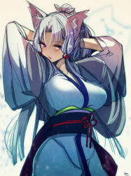Rule 34 | 1girl, :o, absurdres, animal ears, arms behind head, at2., blush, breasts, highres, japanese clothes, kimono, large breasts, long hair, parted lips, ponytail, purple eyes, solo, teeth, touhoku itako, utau, white hair