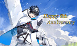 Rule 34 | 1boy, absurdres, belt, black gloves, black hair, blue cape, blue eyes, brown belt, cape, charlemagne (fate), cloud, fate/grand order, fate (series), gloves, happy anniversary, highres, looking at viewer, male focus, multicolored hair, open mouth, outdoors, poleyn, short hair, sitting, smile, solo, two-sided cape, two-sided fabric, two-tone hair, vambraces, waist cape, waving, white cape, white hair, yongjiu xing baimuda