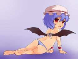 Rule 34 | 1girl, ass, barefoot, bat wings, bikini, blue background, blue hair, fang, feet, hat, looking at viewer, looking back, lying, mob cap, on side, open mouth, red eyes, remilia scarlet, short hair, simple background, solo, swimsuit, touhou, wings, wrist cuffs, yangshangshu