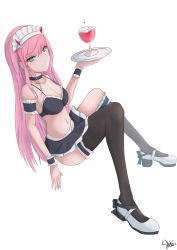 Rule 34 | 10s, 1girl, absurdres, alcohol, asymmetrical legwear, bare shoulders, blush, breasts, cleavage, closed mouth, darling in the franxx, full body, green eyes, highres, horns, long hair, looking at viewer, maid, medium breasts, pink hair, sato art, simple background, sitting, skirt, smile, solo, thighhighs, tray, uneven legwear, white background, wine, zero two (darling in the franxx)