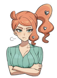 Rule 34 | 1girl, :t, breasts, cleavage, closed mouth, commentary request, creatures (company), crossed arms, echizen (n fns17), eyelashes, game freak, green eyes, green shirt, hair ornament, heart, heart hair ornament, highres, medium breasts, nintendo, orange hair, pokemon, pokemon swsh, pout, puff of air, ribbed shirt, shirt, short sleeves, side ponytail, simple background, single sidelock, solo, sonia (pokemon), upper body, white background