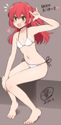 Rule 34 | 1girl, :d, \m/, barefoot, bikini, blush, bocchi the rock!, breasts, commentary request, dated, green eyes, grey background, kita ikuyo, long hair, looking at viewer, navel, open mouth, red hair, serebi ryousangata, side-tie bikini bottom, simple background, small breasts, smile, solo, swimsuit, toes, translation request, white bikini