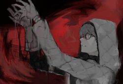 Rule 34 | 1boy, arms up, black-framed eyewear, blood, blood on face, blue eyes, coat, fate/grand order, fate/grand order arcade, fate (series), glasses, gloves, grey hair, hair between eyes, highres, hood, hood up, hooded coat, jacques de molay (saber) (fate), jtgbaaa, male focus, outstretched arms, padded coat, parted lips, profile, red background, solo, white coat, white gloves