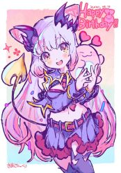 Rule 34 | 1girl, nanashi inc., blush, breasts, cleavage, cone hair bun, demon girl, demon horns, demon tail, grey hair, hair bun, happy birthday, honey strap, horns, kiato, large breasts, long hair, long sleeves, looking at viewer, multicolored hair, open mouth, pink hair, pointy ears, red eyes, smile, solo, suou patra, tail, virtual youtuber