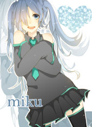 Rule 34 | 1girl, character name, crossed arms, detached sleeves, hair over one eye, hatsune miku, heart, hiiro, necktie, open mouth, skirt, sleeves past wrists, smile, solo, thighhighs, twintails, vocaloid, zoom layer