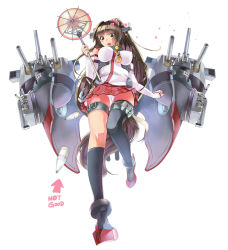 Rule 34 | 10s, 1girl, anchor, arrow (symbol), bare shoulders, black socks, blush, breasts, brown eyes, brown hair, ceda (dace), cherry blossoms, detached sleeves, english text, falling, flower, from below, hair flower, hair ornament, highres, impossible clothes, impossible shirt, kantai collection, kneehighs, large breasts, long hair, looking down, miniskirt, missile, oil-paper umbrella, open mouth, panties, pantyshot, personification, ponytail, shirt, single kneehigh, single sock, single thighhigh, skirt, socks, solo, thigh strap, thighhighs, umbrella, underwear, upskirt, very long hair, white background, white panties, yamato (kancolle)