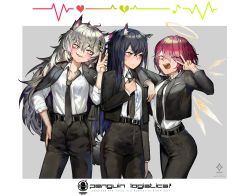 Rule 34 | 3girls, a0lp, animal ears, arknights, black nails, black suit, blue hair, blush, broken heart, exusiai (arknights), formal, halo, heart, highres, lappland (arknights), multiple girls, musical note, nail polish, penguin logistics (arknights), red hair, suit, tail, texas (arknights), v, waveform, white hair, wolf ears, wolf tail