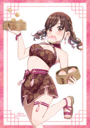 Rule 34 | 1girl, bare shoulders, bikini, bikini top only, braid, breasts, brown eyes, brown hair, commentary request, earrings, floral print, food, food in mouth, framed, halterneck, highres, idolmaster, idolmaster shiny colors, jewelry, long hair, looking at viewer, miniskirt, nail polish, purple nails, sandals, skindentation, skirt, solo, sonoda chiyoko, soramame tomu, swimsuit, thigh strap, toenail polish, toenails, twintails, white background