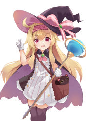 Rule 34 | 1girl, :d, absurdres, ahoge, bag, black cape, black headwear, black thighhighs, blonde hair, brown bag, cape, cat, child, commentary request, copyright request, dress, gloves, hairband, hat, highres, holding, holding staff, kobi (piliheros2000), little witch nobeta, long hair, looking at viewer, nobeta, open mouth, pink hairband, pink ribbon, purple cape, red eyes, ribbon, simple background, smile, solo, staff, thighhighs, white background, white dress, white gloves, witch hat