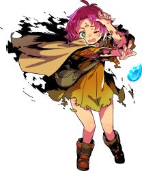 Rule 34 | 1girl, blush, boots, cape, dress, facial mark, fae (fire emblem), fire emblem, fire emblem: the binding blade, fire emblem heroes, forehead mark, full body, gloves, highres, nintendo, one eye closed, open mouth, pink hair, pointy ears, purple hair, short hair, simple background, solo, stone, torn clothes, transparent background