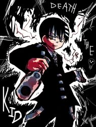 Rule 34 | 00s, 1boy, blood, blood on face, cowboy shot, death the kid, english text, formal, looking at viewer, male focus, monochrome, pants, solo, soul eater, spot color, standing, suit, text focus