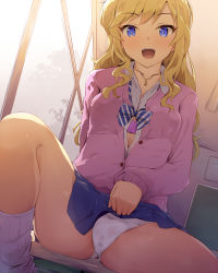 Rule 34 | 1girl, :d, blonde hair, blue eyes, blue skirt, blush, bra, breasts, button gap, cardigan, clothes lift, collarbone, collared shirt, commentary request, desk, dress shirt, dutch angle, highres, idolmaster, idolmaster cinderella girls, idolmaster cinderella girls starlight stage, indoors, jewelry, lifting own clothes, long hair, loose socks, ohtsuki yui, on desk, open mouth, panties, pendant, pink bra, pink cardigan, pleated skirt, school desk, school uniform, seneto, shirt, sitting, on desk, skirt, skirt lift, small breasts, smile, socks, solo, teeth, underwear, upper teeth only, white panties, white shirt, white socks, window