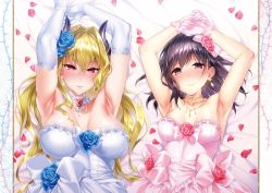 Rule 34 | 2girls, armpits, black hair, blonde hair, blue dress, blue flower, blue gloves, blue rose, blush, breasts, dress, earrings, elbow gloves, flower, gloves, hair flower, hair ornament, highres, hizuki akira, jewelry, large breasts, long hair, looking at viewer, lying, medium breasts, mole, mole on armpit, multiple girls, necklace, on back, original, pink dress, pink eyes, pink flower, pink gloves, pink rose, presenting armpit, rose, smile, take your pick, third-party edit, wedding dress