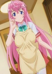 Rule 34 | 1girl, apron, blue eyes, blush, breasts, commentary request, highres, large breasts, long hair, looking at viewer, non-web source, otome dori, pink hair, sakuragi otome, smile, solo, standing