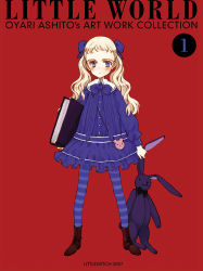 Rule 34 | 1girl, animal print, ankle boots, artist name, bag, bear print, blonde hair, blue dress, blue pantyhose, book, boots, bow, bowtie, buttons, child, cover, dated, dress, flat chest, full body, hair bow, handbag, highres, holding, holding book, holding stuffed toy, lolita fashion, long hair, long sleeves, looking at viewer, ooyari ashito, original, pantyhose, parted lips, red background, sailor collar, scan, short dress, simple background, standing, striped clothes, striped pantyhose, stuffed animal, stuffed rabbit, stuffed toy, twintails, wavy hair