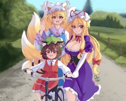 Rule 34 | 3girls, absurdres, animal ear fluff, animal ears, artist name, behind another, bicycle, black corset, blonde hair, blue sky, blue tabard, blurry, blurry background, blush, breasts, brown hair, cat ears, cat tail, chen, choker, cleavage, corset, day, dress, drogo doggo, earrings, elbow gloves, fence, forest, fox tail, frilled dress, frilled skirt, frills, gloves, grass, green headwear, grin, hair between eyes, hair ribbon, hand on another&#039;s back, hand up, happy, hat, hat ribbon, helping, highres, jewelry, large breasts, long hair, long sleeves, looking at viewer, mob cap, multiple girls, multiple tails, nature, open mouth, orange eyes, outdoors, puffy short sleeves, puffy sleeves, purple dress, purple eyes, red ribbon, red skirt, red vest, ribbon, ribbon choker, riding, riding bicycle, road, shirt, short hair, short sleeves, sidelocks, single earring, sitting, skirt, skirt set, sky, smile, standing, tabard, tail, tall female, touhou, tree, two tails, very long hair, vest, waving, white dress, white headwear, white ribbon, white shirt, yakumo ran, yakumo yukari