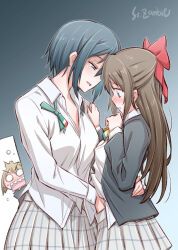 Rule 34 | 3girls, artist name, black jacket, blue eyes, blush, bow, brown hair, closed mouth, collared shirt, commentary request, gradient background, green ribbon, grey eyes, grey hair, hair bow, half updo, hand on another&#039;s crotch, jacket, long hair, long sleeves, looking down, love live!, love live! nijigasaki high school idol club, multiple girls, nakasu kasumi, neck ribbon, nijigasaki school uniform, nijigasaki drama club president, o o, open clothes, open jacket, open mouth, osaka shizuku, parted lips, partially unbuttoned, plaid, plaid skirt, pleated skirt, red bow, ribbon, school uniform, sharp teeth, shirt, short hair, sidelocks, skirt, standing, studiozombie, sweat, teeth, upper body, v-shaped eyebrows, white shirt, white skirt, winter uniform, yellow ribbon, yuri