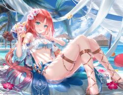 Rule 34 | 1girl, alternate costume, anklet, aqua eyes, bare shoulders, bikini, blue bikini, blue skirt, blue sky, blush, breasts, cleavage, commentary request, cup, day, detached sleeves, flower, genshin impact, green eyes, hair flower, hair ornament, high heels, highres, holding, holding cup, innertube, jewelry, kachayori, knees up, long hair, looking at viewer, low twintails, medium breasts, navel, nilou (genshin impact), open mouth, outdoors, palm tree, red hair, sandals, sash, sidelocks, skirt, sky, smile, solo, stomach, swim ring, swimsuit, thighlet, thighs, tree, twintails, very long hair, water, wet