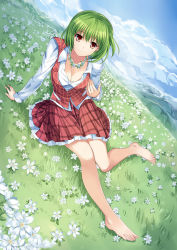 Rule 34 | 1girl, arm support, bad id, bad pixiv id, barefoot, breasts, cleavage, cloud, day, dress shirt, dutch angle, flower, flower necklace, frills, full body, grass, green hair, jewelry, kazami yuuka, long sleeves, looking at viewer, meadow, medium breasts, necklace, on ground, open clothes, outdoors, pico (picollector79), plaid, plaid skirt, plaid vest, red eyes, red skirt, red vest, shirt, short hair, sitting, skirt, skirt set, smile, solo, touhou, unbuttoned, vest, white shirt
