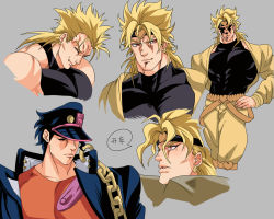 Rule 34 | black hair, blonde hair, chain, character sheet, dio brando, gakuran, hat, headband, jacket, jojo no kimyou na bouken, kuujou joutarou, less end, male focus, manly, muscular, muscular male, official style, red eyes, school uniform, shaded face, shirt, stardust crusaders, tight clothes, tight shirt, yellow jacket