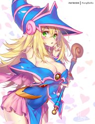 Rule 34 | 1girl, areola slip, blonde hair, blue dress, blue hat, blush, breasts, cleavage, commentary request, cowboy shot, dark magician girl, dress, duel monster, facial mark, green eyes, hair between eyes, hat, heart, holding, holding staff, hong (white spider), large breasts, leaning forward, long hair, parted lips, pink skirt, pleated skirt, signature, skirt, solo, staff, very long hair, white background, yu-gi-oh!, yu-gi-oh! duel monsters