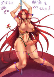 Rule 34 | 1girl, abs, blush, breasts, futanari, green eyes, highres, hong meiling, large breasts, long hair, pole dancing, red hair, sekiyu (spartan), solo, toned, touhou, translation request, uncensored