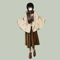 Rule 34 | 1girl, amagami, black eyes, black hair, bob cut, brown capelet, brown pantyhose, brown scarf, brown skirt, capelet, closed mouth, full body, grey background, highres, long skirt, looking down, nanasaki ai, oshizu, pantyhose, plaid, plaid scarf, print pantyhose, red footwear, scarf, shoes, short hair, simple background, skirt, solo, standing