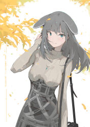 1girl absurdres animal_ears aqua_eyes bag black_bag grey_skirt grey_sweater high-waist_skirt highres jewelry liu757625722 long_hair looking_at_viewer mole mole_under_eye necklace original rabbit_ears rabbit_girl shoulder_bag skirt standing sweater turtleneck turtleneck_sweater wind