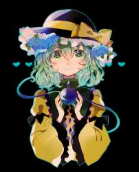 Rule 34 | 1girl, black hat, blue flower, blue rose, bow, collared shirt, commentary request, eyeball, flower, frilled sleeves, frills, green eyes, green hair, hat, hat bow, hat ribbon, heart, heart of string, highres, komeiji koishi, long sleeves, looking at viewer, ribbon, rose, satou pote, satoupote, shirt, short hair, simple background, smile, solo, third eye, touhou, wavy hair, wide sleeves, yellow ribbon, yellow shirt