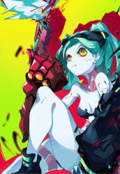 Rule 34 | 1girl, absurdres, aqua hair, bare shoulders, bra, breasts, closed mouth, colored sclera, cyberpunk (series), cyberpunk edgerunners, cyborg, gradient background, green background, gun, handgun, highres, jacket, jacket partially removed, joints, looking up, mechanical arms, multicolored eyes, rebecca (cyberpunk), red eyes, red sclera, robot joints, small breasts, solo, twintails, underwear, weapon, yellow background, yellow eyes, zhima lin ma zhi