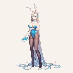 Rule 34 | 1girl, absurdly long hair, animal ears, asuna (blue archive), asuna (bunny) (blue archive), blonde hair, blue archive, blue eyes, blue leotard, bow, bowtie, breasts, fake animal ears, gloves, hair over one eye, high heels, large breasts, leotard, long hair, long legs, mole, mole on breast, pantyhose, playboy bunny, rabbit ears, solo, thighband pantyhose, traditional bowtie, very long hair, white gloves, yan wan