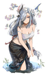 Rule 34 | 1girl, absurdres, atiarta7, bare shoulders, black sarong, blue eyes, blue nails, breasts, camisole, cleavage, closed mouth, crop top, cropped shirt, flower, genshin impact, hair flower, hair ornament, hair over one eye, highres, large breasts, leaning forward, light smile, long hair, looking at viewer, low-braided long hair, low-tied long hair, midriff, nail polish, sarong, shenhe (genshin impact), shirt, simple background, solo, tassel, wading, water, white camisole, white shirt
