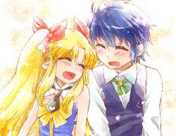Rule 34 | 1boy, 1girl, astarotte ygvar, bad id, bad pixiv id, blonde hair, blouse, blue hair, blush, closed eyes, detached collar, fang, formal, laughing, long hair, lotte no omocha!, mutou mato, necktie, pointy ears, shirt, short hair, smile, suit, touhara naoya, twintails, waistcoat, white shirt
