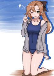 Rule 34 | 1girl, ;), absurdres, akigumo (kancolle), blush, bow, brown hair, green eyes, hair between eyes, hair bow, hair ornament, hair ribbon, highres, kantai collection, long hair, one eye closed, open mouth, ponytail, ribbon, simple background, smile, solo, swimsuit, thighs, tokiwa senkei, v