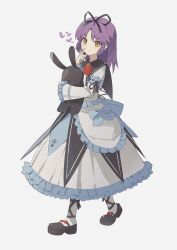 Rule 34 | 1girl, black bow, black bowtie, black footwear, bow, bowtie, commentary, curtained hair, dress, eiyuu densetsu, frilled dress, frills, full body, george man, heart, highres, holding, holding stuffed toy, lolita fashion, looking at viewer, medium hair, purple hair, red bow, red bowtie, red eyes, renne (eiyuu densetsu), shoes, simple background, solo, stuffed animal, stuffed rabbit, stuffed toy, white background, white dress, yellow eyes