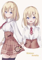 Rule 34 | :d, blonde hair, blue eyes, bow, breasts, brown bow, brown legwear, brown skirt, collared shirt, cowboy shot, detective, from side, hair ornament, hayashi maka, high-waist skirt, highres, holding, holding magnifying glass, hololive, hololive english, light blush, long sleeves, looking at viewer, magnifying glass, medium hair, monocle, multiple views, mustache print, necktie, open mouth, plaid, plaid skirt, pocket watch, pout, red neckwear, shirt, skirt, smile, standing, straight hair, thighhighs, upper body, virtual youtuber, watch, watson amelia, watson amelia (1st costume), white background, white shirt