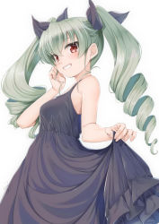 Rule 34 | 10s, 1girl, anchovy (girls und panzer), black dress, black ribbon, blush, breasts, dress, drill hair, girls und panzer, green hair, grin, hair between eyes, hair ribbon, hand up, long hair, looking at viewer, miri (ago550421), red eyes, ribbon, simple background, sleeveless, sleeveless dress, small breasts, smile, solo, twin drills, twintails, white background