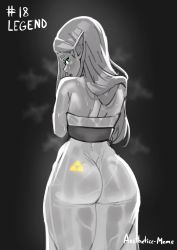 Rule 34 | 1girl, absurdres, aestheticc-meme, ass, back, cowboy shot, dress, greyscale, highres, long hair, looking at viewer, looking back, monochrome, nintendo, pointy ears, princess zelda, see-through, see-through dress, signature, solo, spot color, standing, steam, the legend of zelda, the legend of zelda: breath of the wild, triforce