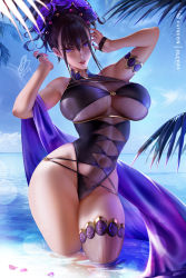 Rule 34 | 1girl, armlet, bare shoulders, black hair, black one-piece swimsuit, breasts, commentary, covered navel, english commentary, fate/grand order, fate (series), flower, hair flower, hair ornament, hair up, highleg, highleg swimsuit, huge breasts, lips, looking at viewer, murasaki shikibu (fate), murasaki shikibu (swimsuit rider) (fate), olchas, one-piece swimsuit, purple eyes, see-through, single thighhigh, solo, standing, swimsuit, thighhighs, water, watermark