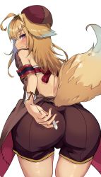Rule 34 | 1girl, absurdres, ahoge, animal ears, blonde hair, dog ears, dog girl, dog tail, fang, from behind, hat, highres, indie virtual youtuber, long hair, looking back, purple eyes, red ribbon, ribbon, shitagai nora, shorts, skin fang, solo, sweatdrop, tail, tomo0843, virtual youtuber, white background