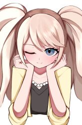 Rule 34 | 1girl, ;), alternate costume, bead necklace, beads, blonde hair, blush, collarbone, cropped torso, danganronpa: trigger happy havoc, danganronpa (series), enoshima junko, hands up, highres, jacket, jewelry, necklace, nia (yumanoria), no hair ornament, one eye closed, open clothes, open jacket, simple background, smile, solo, twintails, white background, yellow jacket