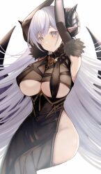 Rule 34 | 1girl, albion (azur lane), albion (silvermoon faerie princess) (azur lane), arms up, azur lane, bare hips, black horns, breasts, clothing cutout, curled horns, demon horns, fur-trimmed gloves, fur trim, gem, gloves, grey eyes, grey hair, highres, horns, large breasts, long hair, looking at viewer, official alternate costume, red gemstone, shibaebi (yasaip game), solo, underboob, underboob cutout, very long hair