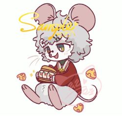 Rule 34 | 1other, :d, animal ears, artist name, cheese, food, full body, furry, green eyes, grey fur, grey hair, holding, hua hua de meme, mouse (animal), mouse ears, mouse tail, open mouth, original, red shirt, sample watermark, shirt, short hair, sitting, smile, solo, tail, watermark, white background