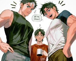 Rule 34 | 3boys, ?, absurdres, artist name, bara, batman (series), black hair, black shirt, black tank top, blue eyes, brothers, brown pants, closed mouth, cup, dc comics, dick grayson, green eyes, grey pants, highres, holding, holding cup, iwakki, jason todd, large pectorals, male focus, multicolored hair, multiple boys, muscular, muscular male, open mouth, pants, pectorals, red sweater, shirt, short hair, siblings, smile, sweater, tank top, tim drake, two-tone hair, two-tone shirt, white hair, white shirt