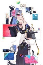 Rule 34 | 1girl, absurdres, apple, axe, belt, blue hair, bracelet, choker, dress, earrings, food, fruit, gloves, highres, hololive, hood, hoodie, hoshimachi suisei, hoshimachi suisei (1st costume), hoshimachi suisei (streetwear), hoshimachi suisei (new year), hoshimachi suisei (school uniform), hoshimachi suisei (shout in crisis), hoshimachi suisei (stellar into the galaxy), jewelry, long hair, looking at viewer, multiple persona, open mouth, partially fingerless gloves, red eyes, school uniform, smile, solo, template (hololive), tetris, tiara, tsukino (nakajimaseiki), v, virtual youtuber