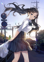 Rule 34 | 1girl, :d, arrow (symbol), backlighting, bag, black hair, black skirt, blue eyes, bow, bowtie, breasts, building, day, feet out of frame, floating hair, green bow, green bowtie, grin, grocery bag, highres, lens flare, long hair, medium breasts, medium skirt, open mouth, original, outdoors, parted bangs, pleated skirt, railroad tracks, road, school uniform, shopping bag, short sleeves, skirt, smile, solo, spring onion, standing, street, striped bow, striped bowtie, striped clothes, striped neckwear, sunlight, tan (tangent), teeth, town, twintails