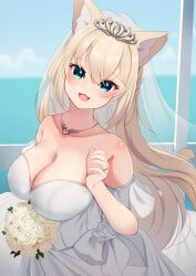 Rule 34 | 1girl, absurdres, animal ears, bare shoulders, blonde hair, blue eyes, blush, bouquet, breasts, cat ears, cat tail, cleavage, collarbone, commentary request, dress, fang, flower, highres, hinata (user rjkt4745), holding, holding bouquet, jewelry, large breasts, long hair, looking at viewer, necklace, ocean, open mouth, original, rose, skin fang, smile, solo, tail, wedding dress, white dress, white flower, white rose