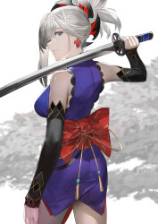 Rule 34 | 1girl, bare shoulders, black sleeves, blazpu, blue eyes, blue kimono, breasts, dangle earrings, detached sleeves, earrings, fate/grand order, fate (series), from behind, grey hair, highres, holding, holding sword, holding weapon, japanese clothes, jewelry, katana, kimono, large breasts, looking at viewer, miyamoto musashi (fate), obi, over shoulder, parted lips, ponytail, sash, simple background, sleeveless, sleeveless kimono, smile, solo, sword, sword over shoulder, weapon, weapon over shoulder