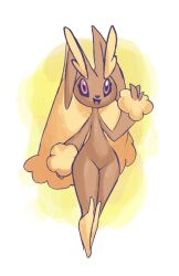 Rule 34 | 1girl, absurdres, animal nose, arm at side, brown fur, creatures (company), female focus, flat chest, full body, furry, furry female, game freak, gen 4 pokemon, groin, hand up, happy, highres, ivvvle, legs, legs together, long ears, looking at viewer, lopunny, nintendo, open mouth, pink eyes, pokemon, pokemon (creature), rabbit ears, rabbit girl, smile, solo, standing, thighs, two-tone fur, waving, yellow background, yellow fur